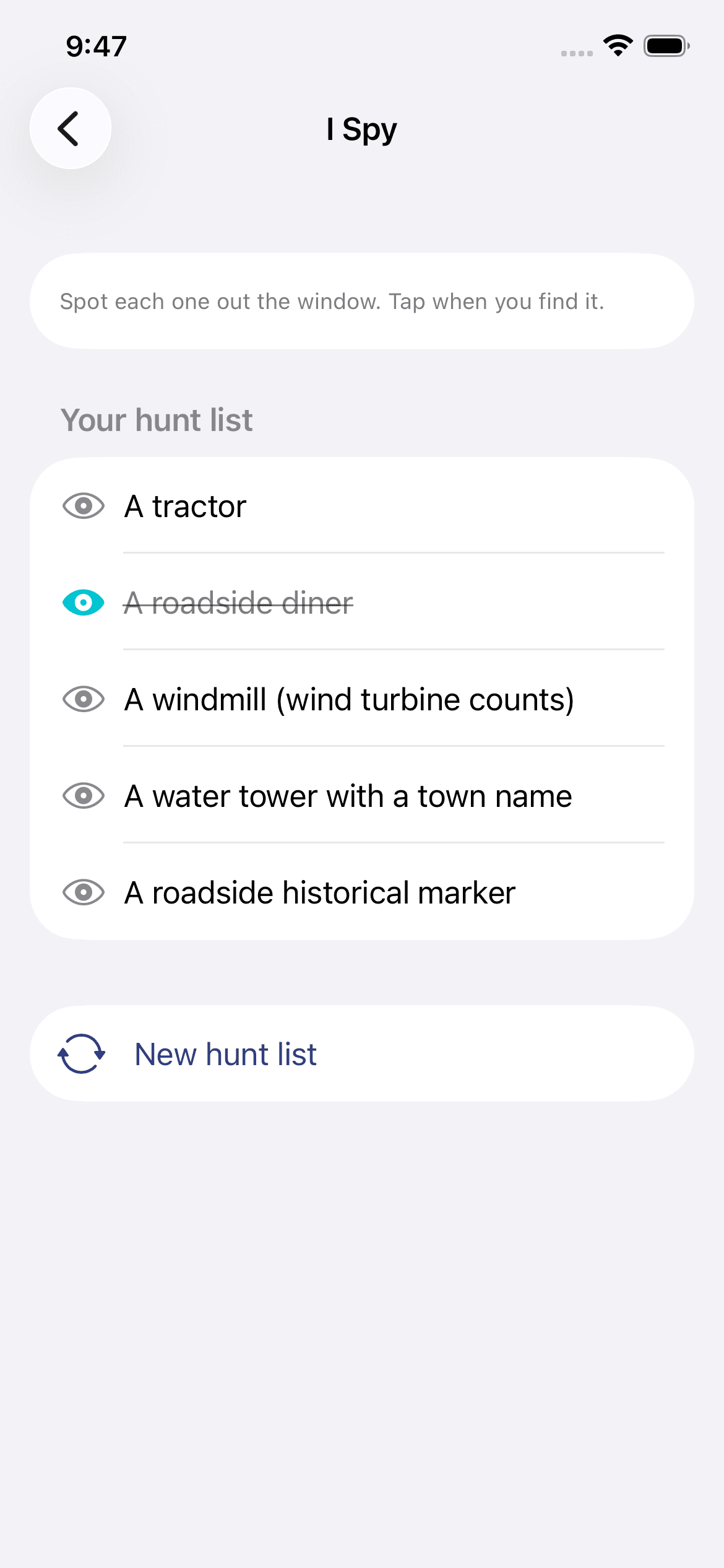 Mile Marker Trip I Spy screen