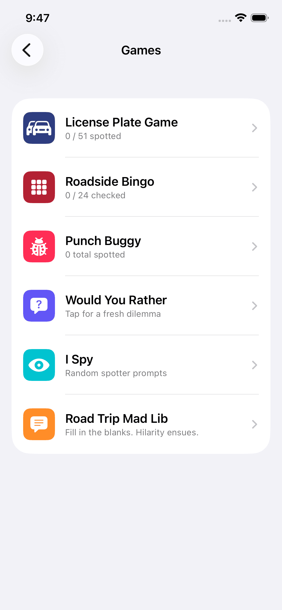 Mile Marker Trip Games screen