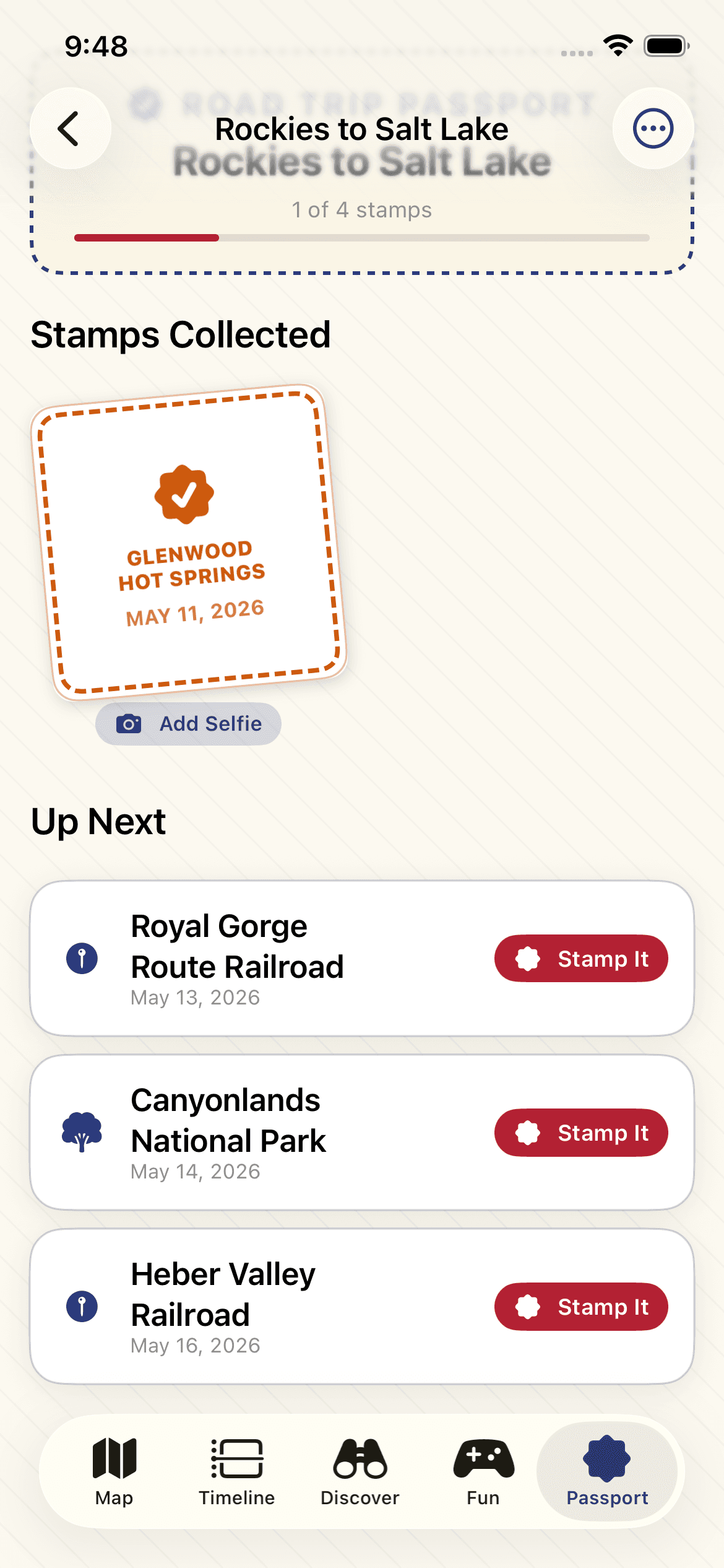 Mile Marker Trip Passport screen