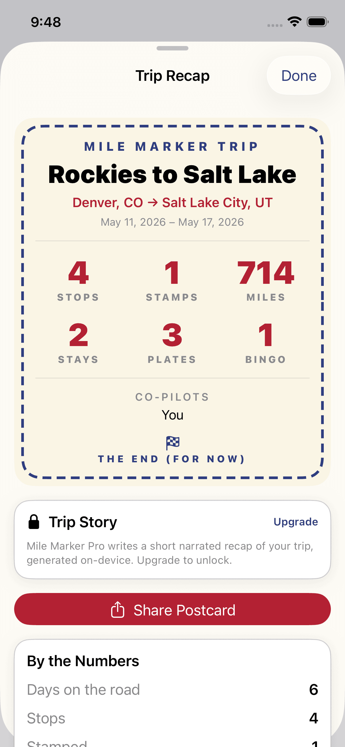 Mile Marker Trip Recap screen