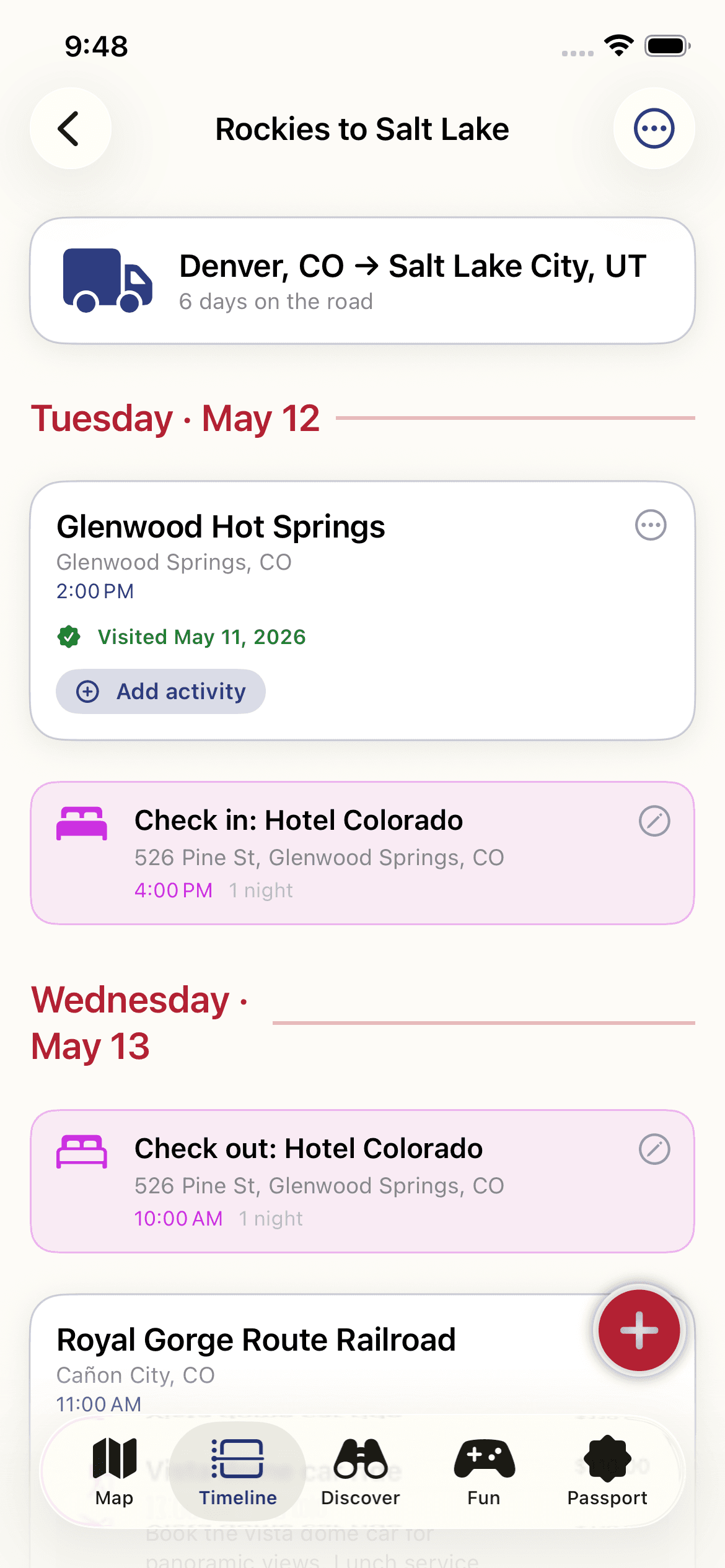 Mile Marker Trip Timeline screen